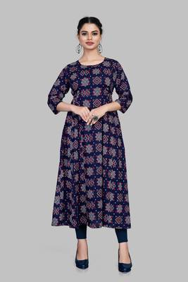Blue cotton anarkali printed  round neck floral print kurti that you might like 1