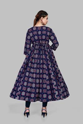 Blue cotton anarkali printed  round neck floral print kurti that you might like 2