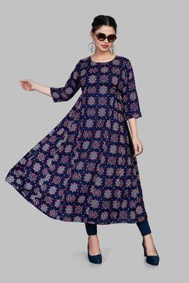 Blue cotton anarkali printed  round neck floral print kurti that you might like 3