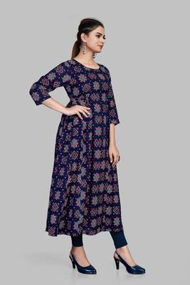 Blue cotton anarkali printed  round neck floral print kurti that you might like 4