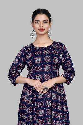 Blue cotton anarkali printed  round neck floral print kurti that you might like 5