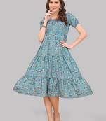 Blue cotton anarkali printed half sleeve round neck floral print kurti that you might like