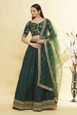 Elegant  Art Silk Bottle Green Emerald Simple Lehenga Choli For Mehendi 1