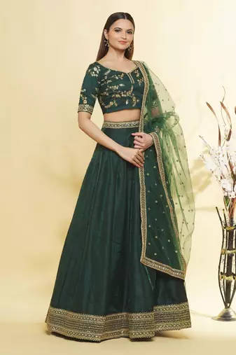 Elegant  Art Silk Bottle Green Emerald Simple Lehenga Choli For Mehendi
