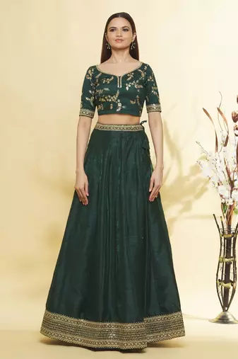 Elegant  Art Silk Bottle Green Emerald Simple Lehenga Choli For Mehendi