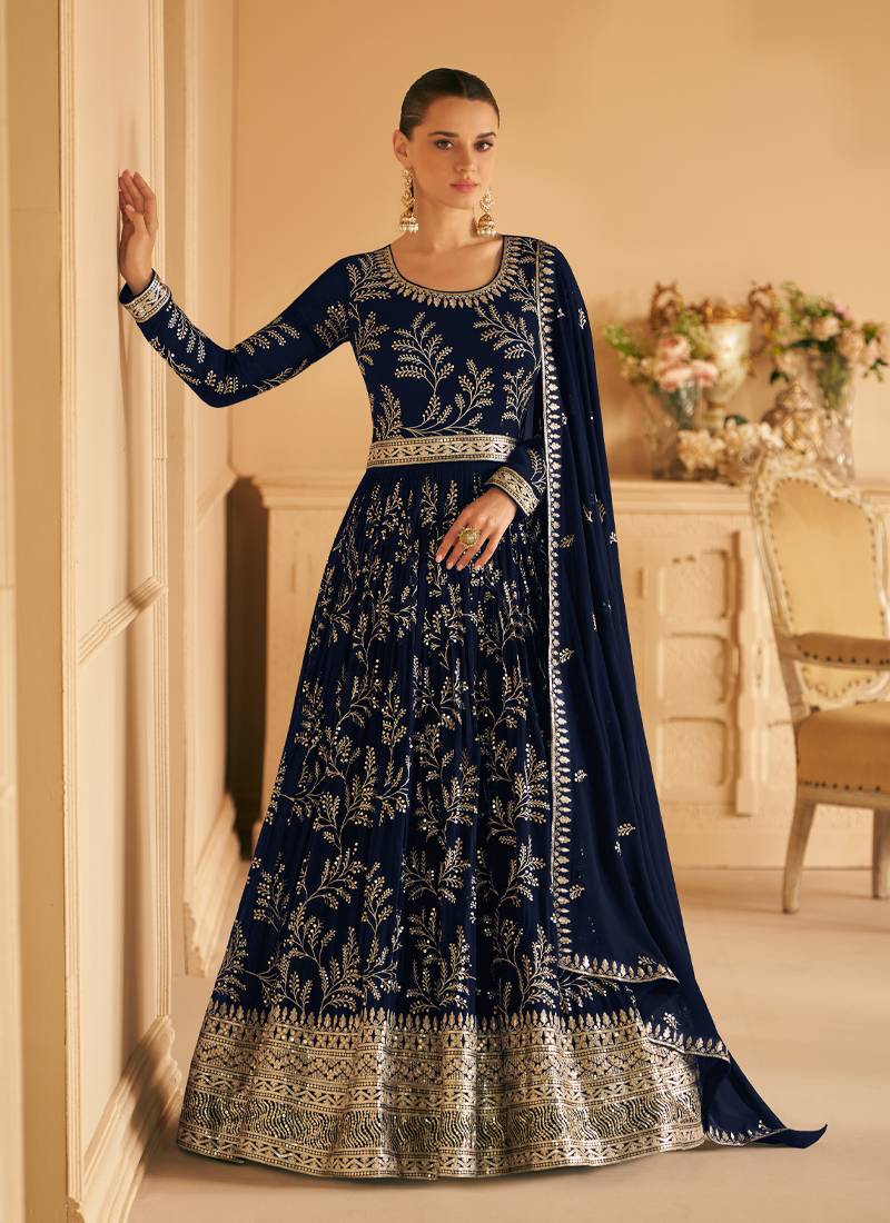 Navy Blue Georgette Based Sequin Worked Anarkali Suit For Women