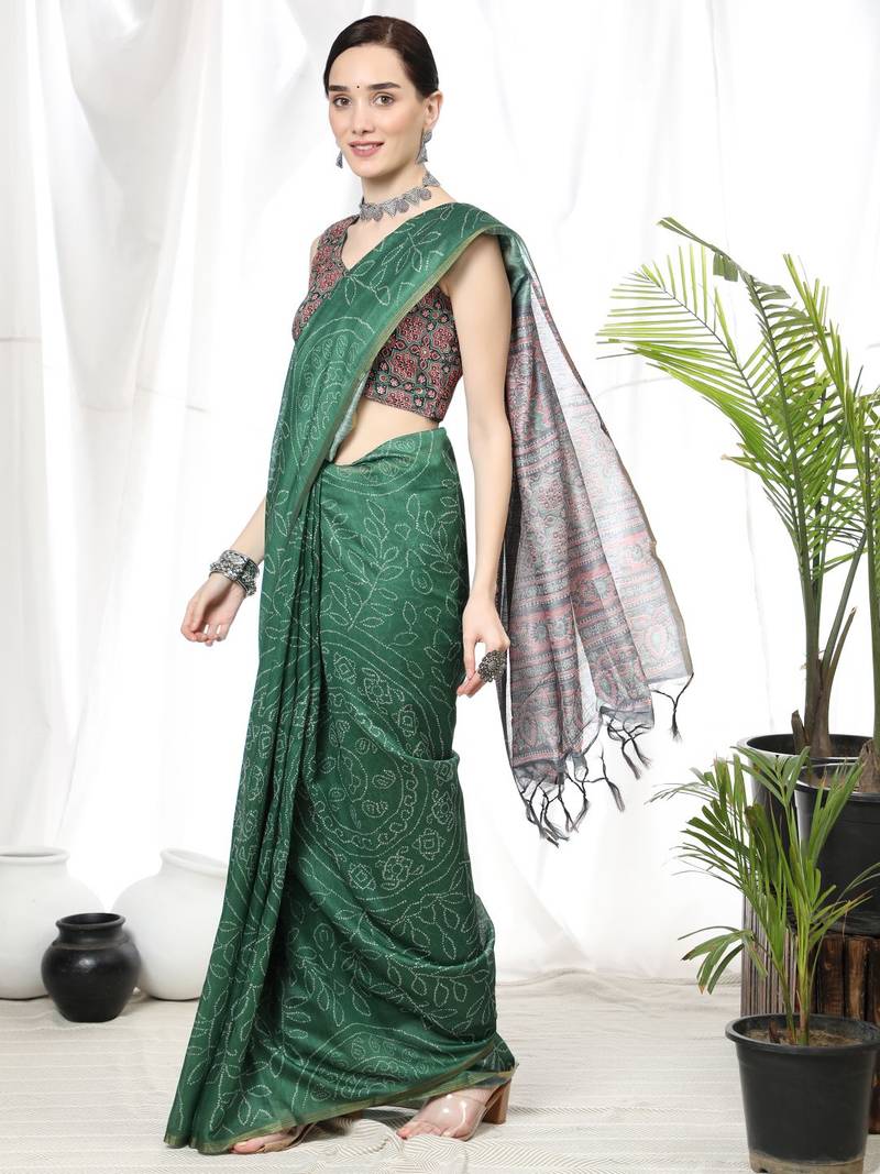 GREEN BANDHANI PRINT LINEN TREANDY SAREE