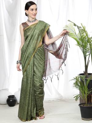 MEHNDI BANDHANI PRINT LINEN TREANDY SAREE 1