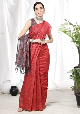 RED BANDHANI PRINT LINEN TREANDY SAREE 1