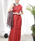 RED BANDHANI PRINT LINEN TREANDY SAREE