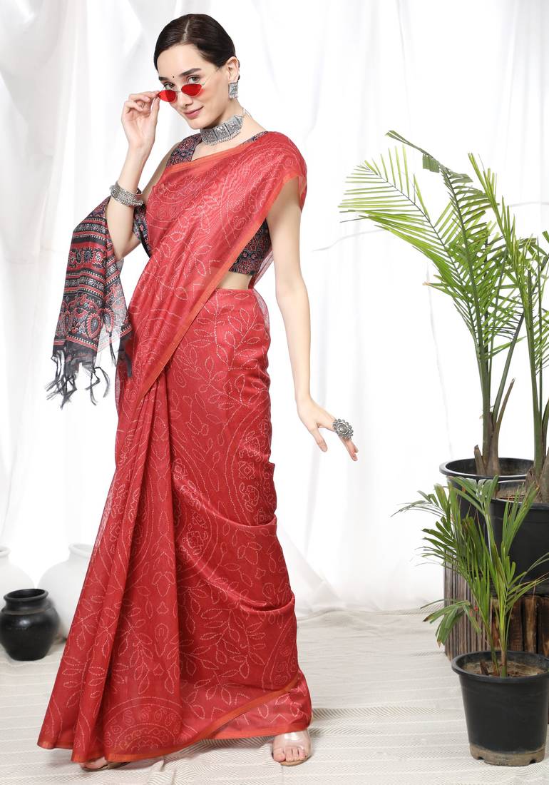 RED BANDHANI PRINT LINEN TREANDY SAREE