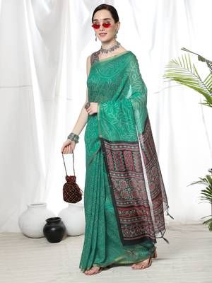 SEA GREEN BANDHANI PRINT LINEN TREANDY SAREE 1