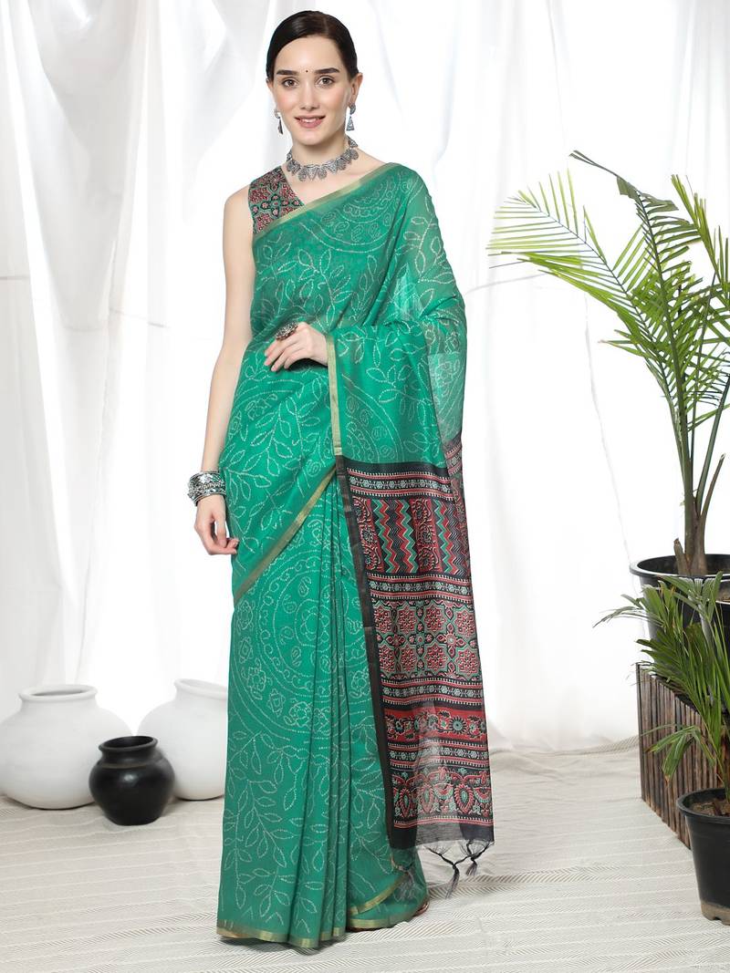 SEA GREEN BANDHANI PRINT LINEN TREANDY SAREE