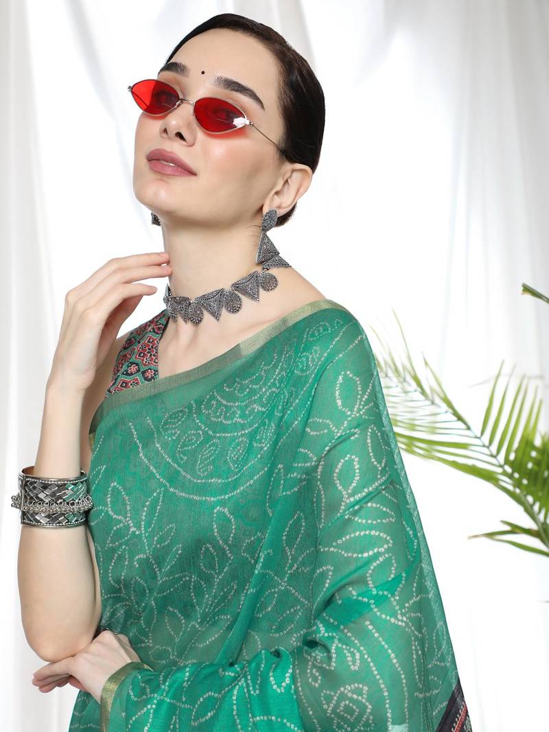 SEA GREEN BANDHANI PRINT LINEN TREANDY SAREE