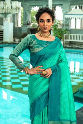 TEAL TUSSAR SILK SILK GERGOUS TREANDY SAREE 2