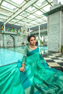 TEAL TUSSAR SILK SILK GERGOUS TREANDY SAREE 3