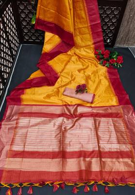 YELLOW TUSSAR SILK SILK GERGOUS TREANDY SAREE 4