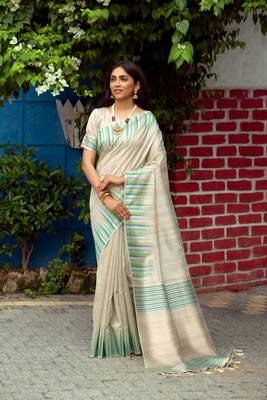 CREAM TUSSAR SILK ATTRACTIVE SAREE 1