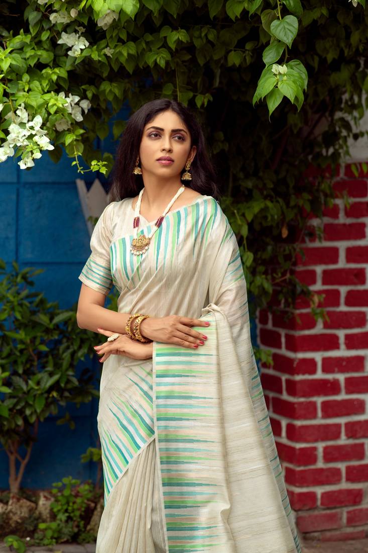 CREAM TUSSAR SILK ATTRACTIVE SAREE