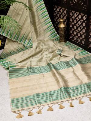 CREAM TUSSAR SILK ATTRACTIVE SAREE 3