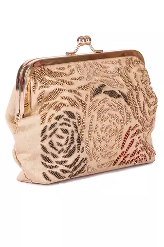 Beige beady roses batua clutch