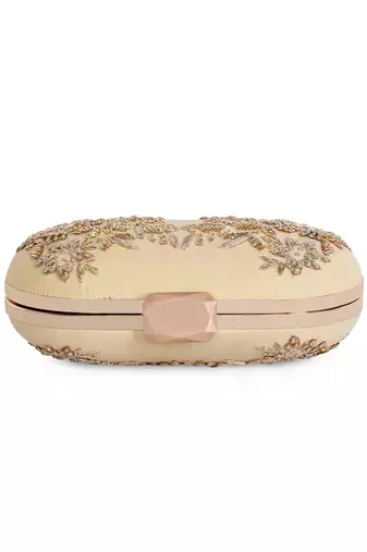 Beige zardosi oblong clutch