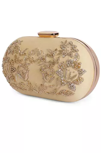 Beige zardosi oblong clutch