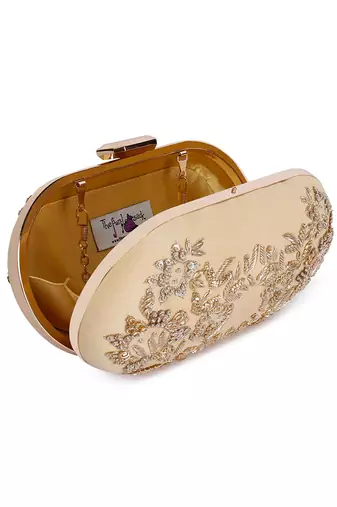 Beige zardosi oblong clutch