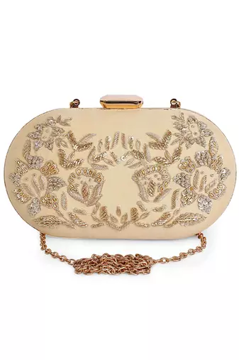Beige zardosi oblong clutch