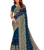 Teal blue heavy zari embroidery border work georgette party wear with blouse