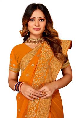 Mustard heavy zari embroidery border work georgette party wear with blouse 2
