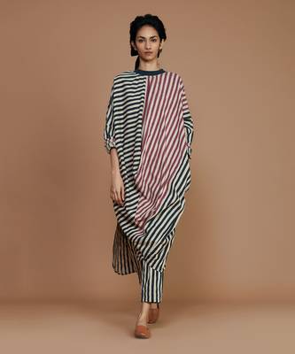 Ivory striped ribbed cowl tunic dress 1