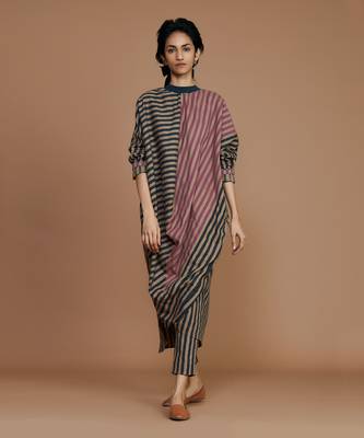 Brown striped ribbed cowl tunic dress 1