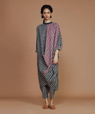 Grey striped ribbed cowl tunic dress 1