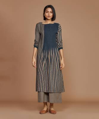 Brown with charcoal striped pleated kurta set 1