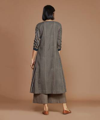 Brown with charcoal striped pleated kurta set 3