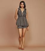 Brown with charcoal striped frill shorts set