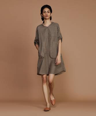 Brown with charcoal striped hooded dress 1
