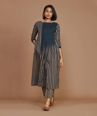 Brown with charcoal striped pleated dress 1