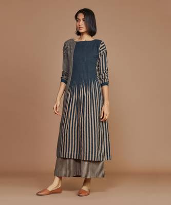 Brown with charcoal striped pleated dress 2