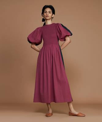 Charcoal & mauve reversible smocked balloon sleeve dress 1