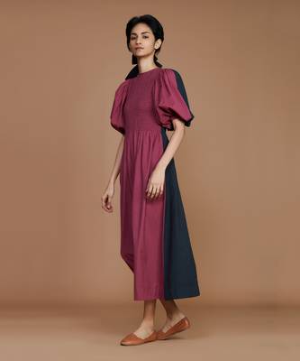 Charcoal & mauve reversible smocked balloon sleeve dress 3
