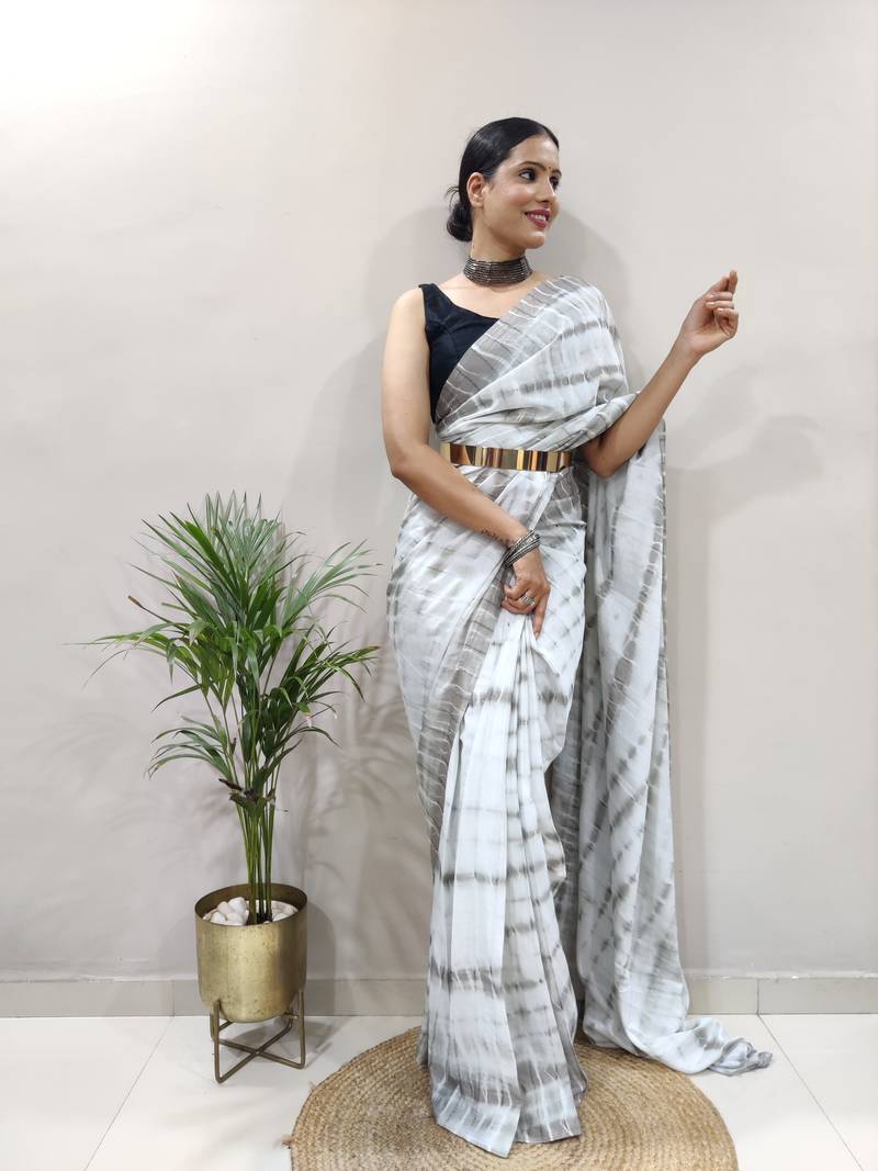 grey Colour Shibori Print Chinnon Silk Ready To Wear Saree WITH UN-STITCHED BLOUSE
