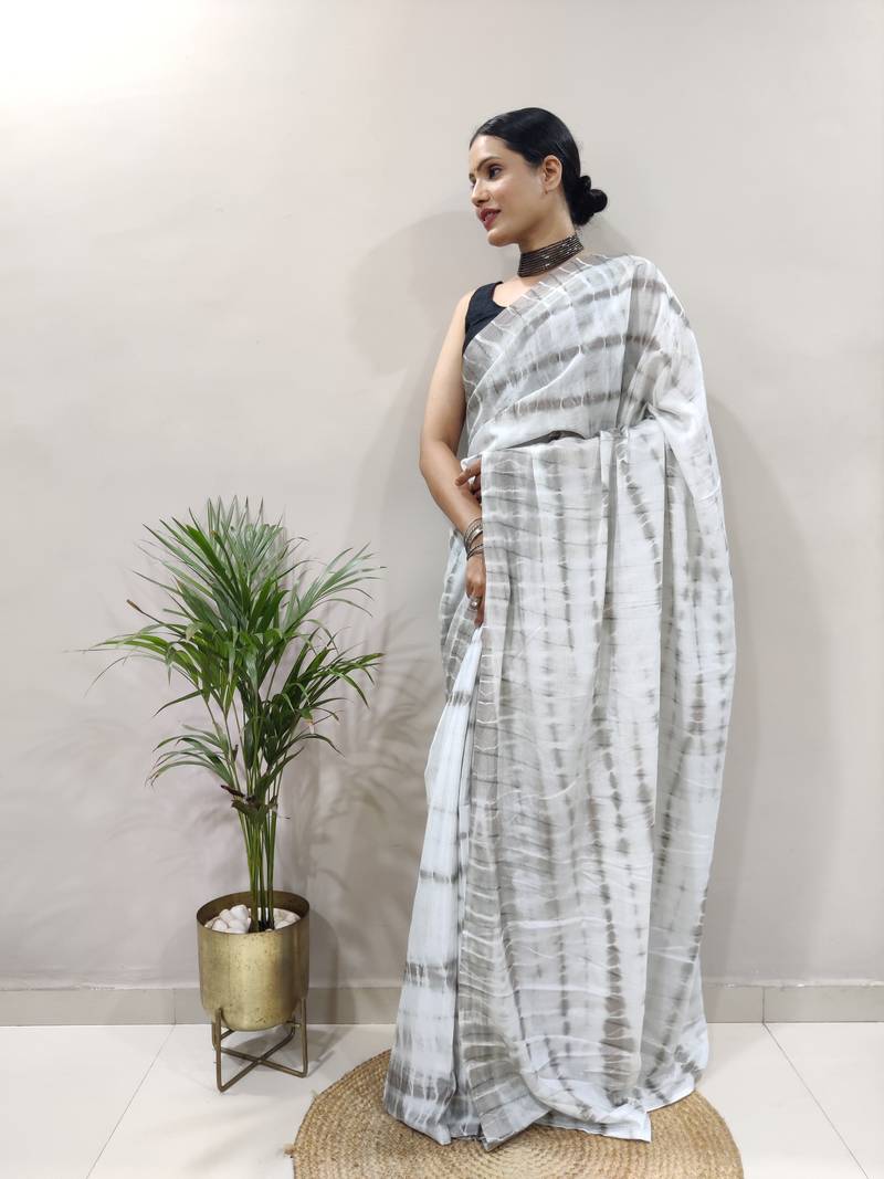 grey Colour Shibori Print Chinnon Silk Ready To Wear Saree WITH UN-STITCHED BLOUSE