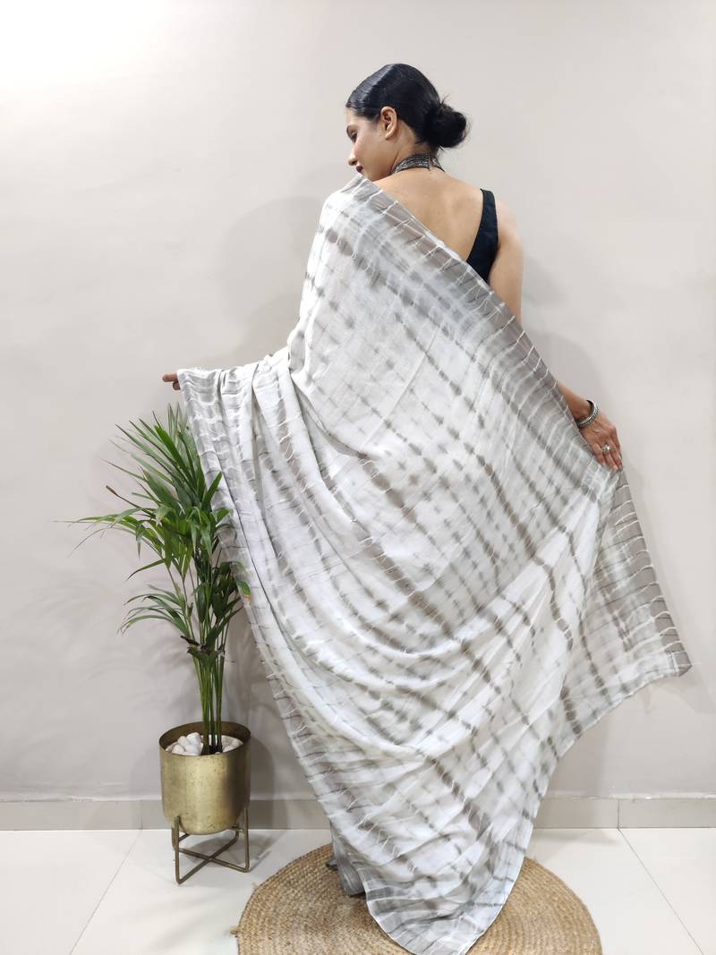 grey Colour Shibori Print Chinnon Silk Ready To Wear Saree WITH UN-STITCHED BLOUSE