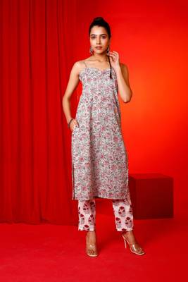 Grey hand printed slip kurta  with pants 1