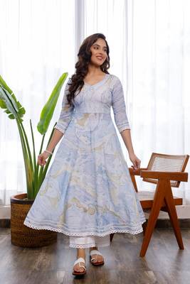 Blue marble printed with crochet lace details anarkali and pants set 1