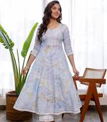 Blue marble printed with crochet lace details anarkali and pants set