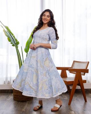 Blue marble printed with crochet lace details anarkali and pants set 2