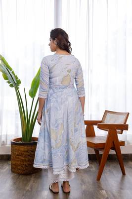 Blue marble printed with crochet lace details anarkali and pants set 4